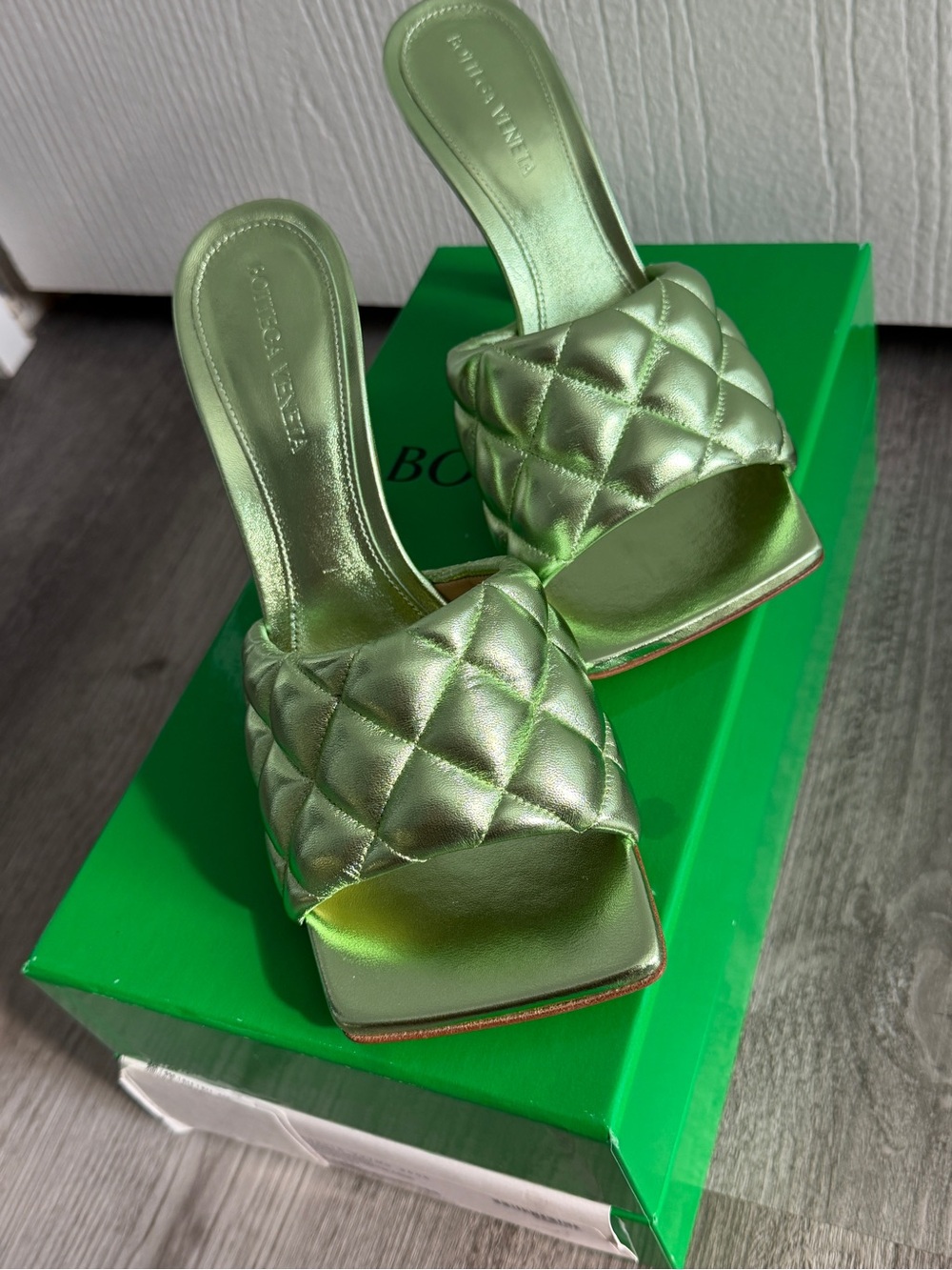 Bottega Veneta Metallic Napa Reflection Matelasse Padded Mule Sandals Pistachio